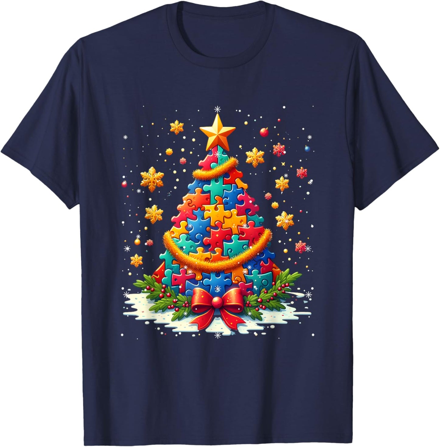 Autism Christmas Tree Lights Xmas Cute Xmas Autism Awareness T-Shirt - T-Shirt | Navy