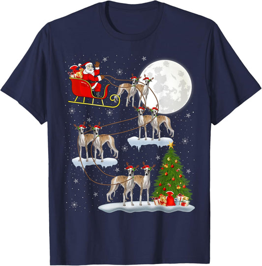 Xmas Tree Lights Funny Santa Riding Whippet Dog Christmas T-Shirt - T-Shirt | Navy