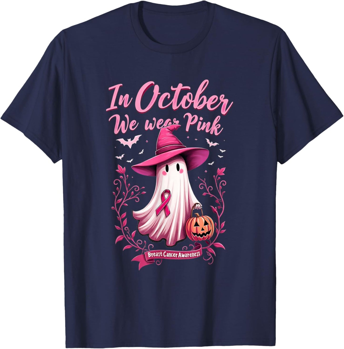 Cute We Wear Pink Ghost Witch Hat Breast Cancer Awareness T-Shirt - T-Shirt | Navy