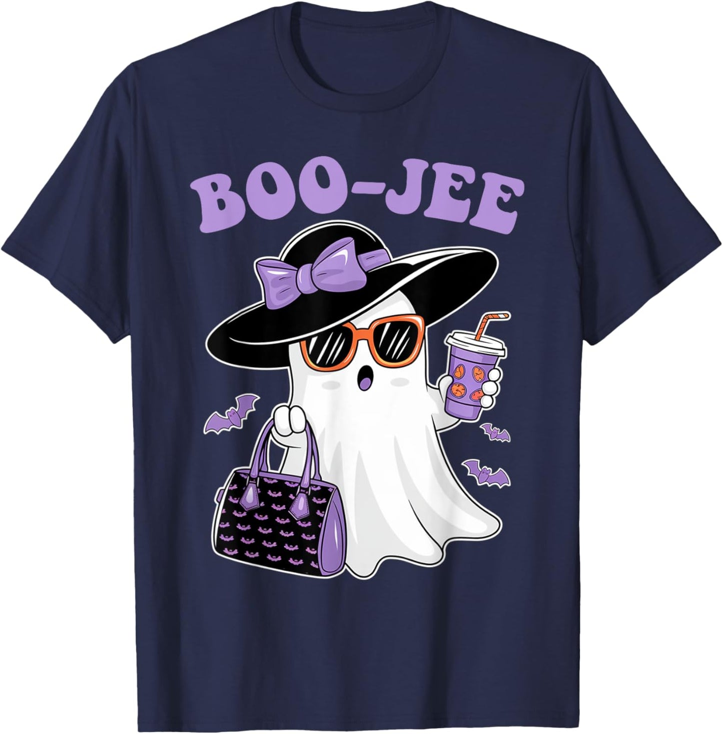 Boo Jee Ghost Drinking Coffee Bow Halloween Women T-Shirt - T-Shirt | Navy