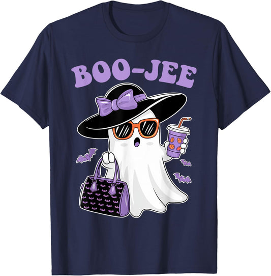 Boo Jee Ghost Drinking Coffee Bow Halloween Women T-Shirt - T-Shirt | Navy