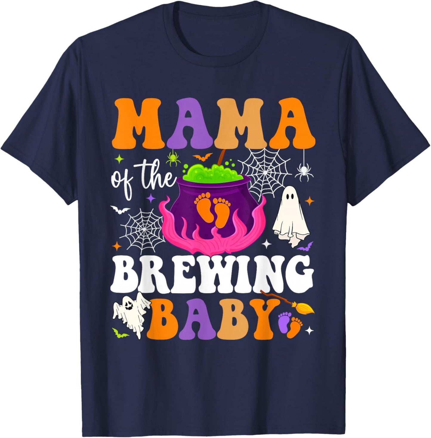 Mama of the Brewing Baby Halloween Theme Baby Shower Spooky T-Shirt - T-Shirt | Navy