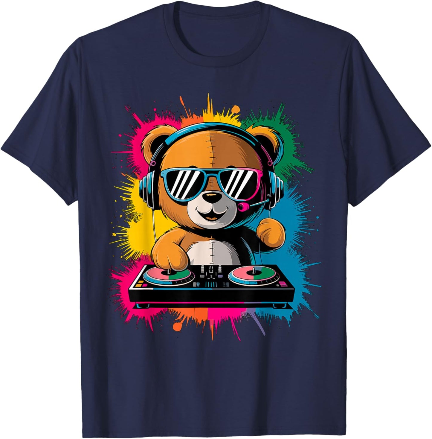 Magical and Funny DJ Gifts Colorful DJ Teddy Bear , Children's , Black, Small, Short Sleeve, Cotton Blend, Cartoon, Classic Fit, Imported T-Shirt - T-Shirt | Navy