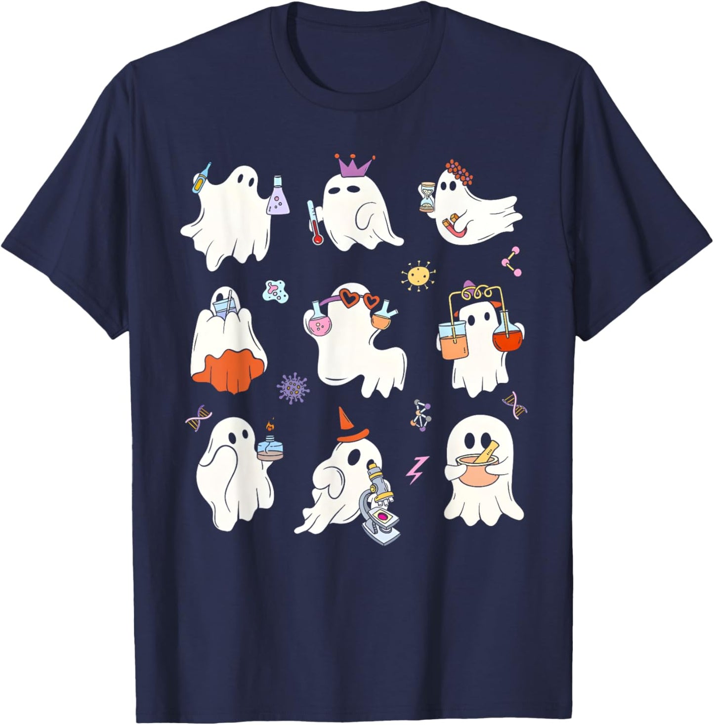Retro Halloween Science Teacher Ghost Laboratory Teacher T-Shirt - T-Shirt | Navy