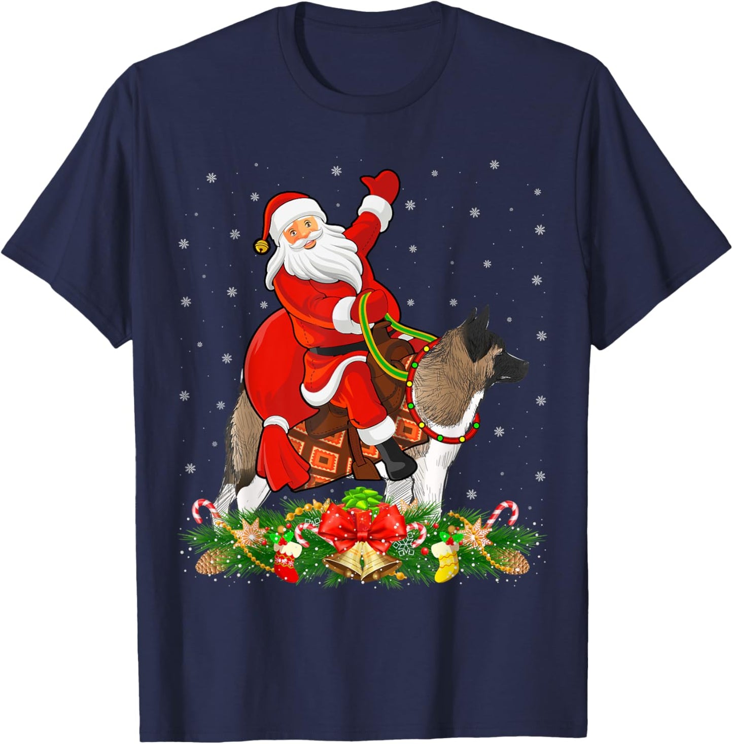 Xmas Decor Funny Santa Riding Akita Dog Christmas T-Shirt - T-Shirt | Navy