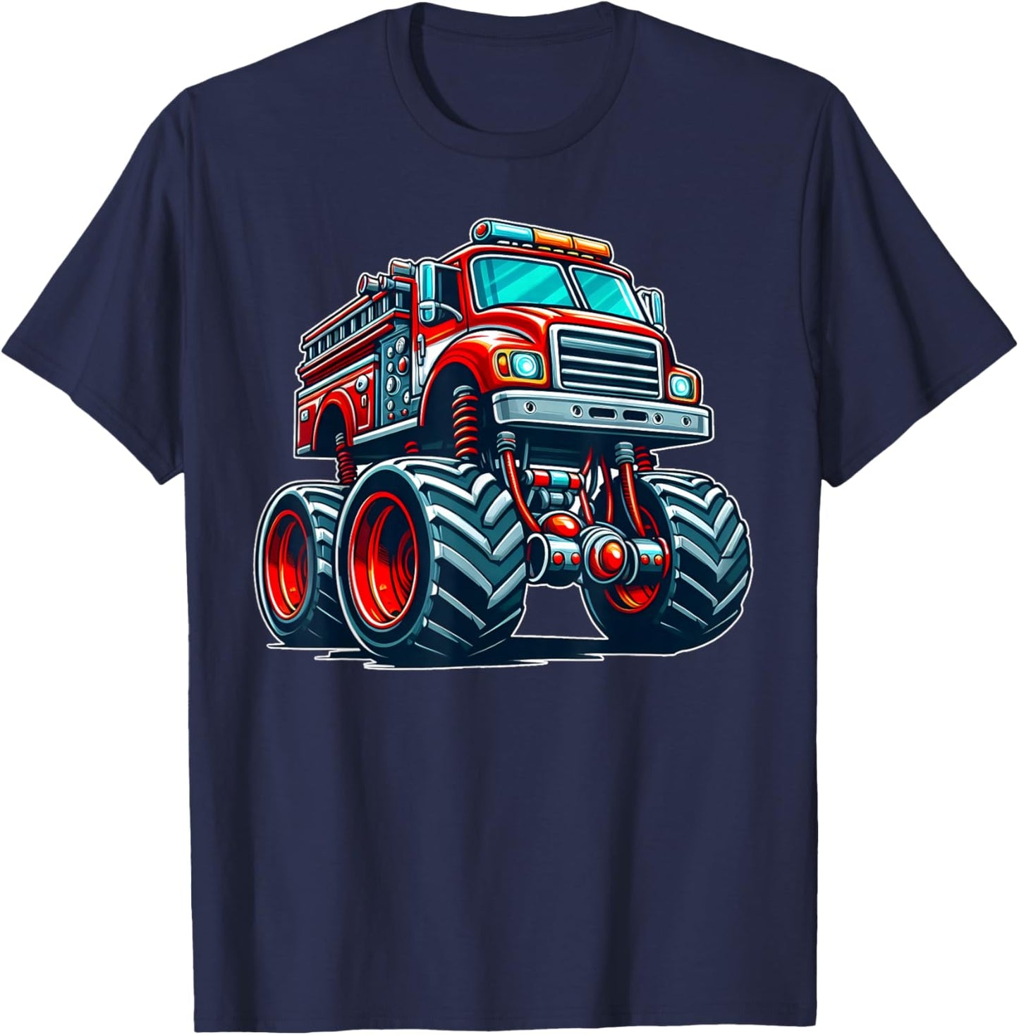 Big Wheels Fire Truck Firefighter Kids Boys Monster Truck T-Shirt - T-Shirt | Navy