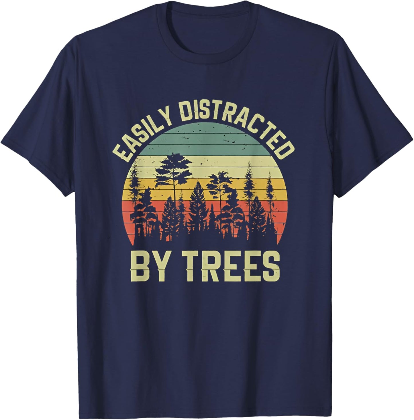 Wekon Easily Distracted By Trees Vintage Funny Tree - - Black - Small - Short Sleeve - - Retro Tree Print T-Shirt - T-Shirt | Navy