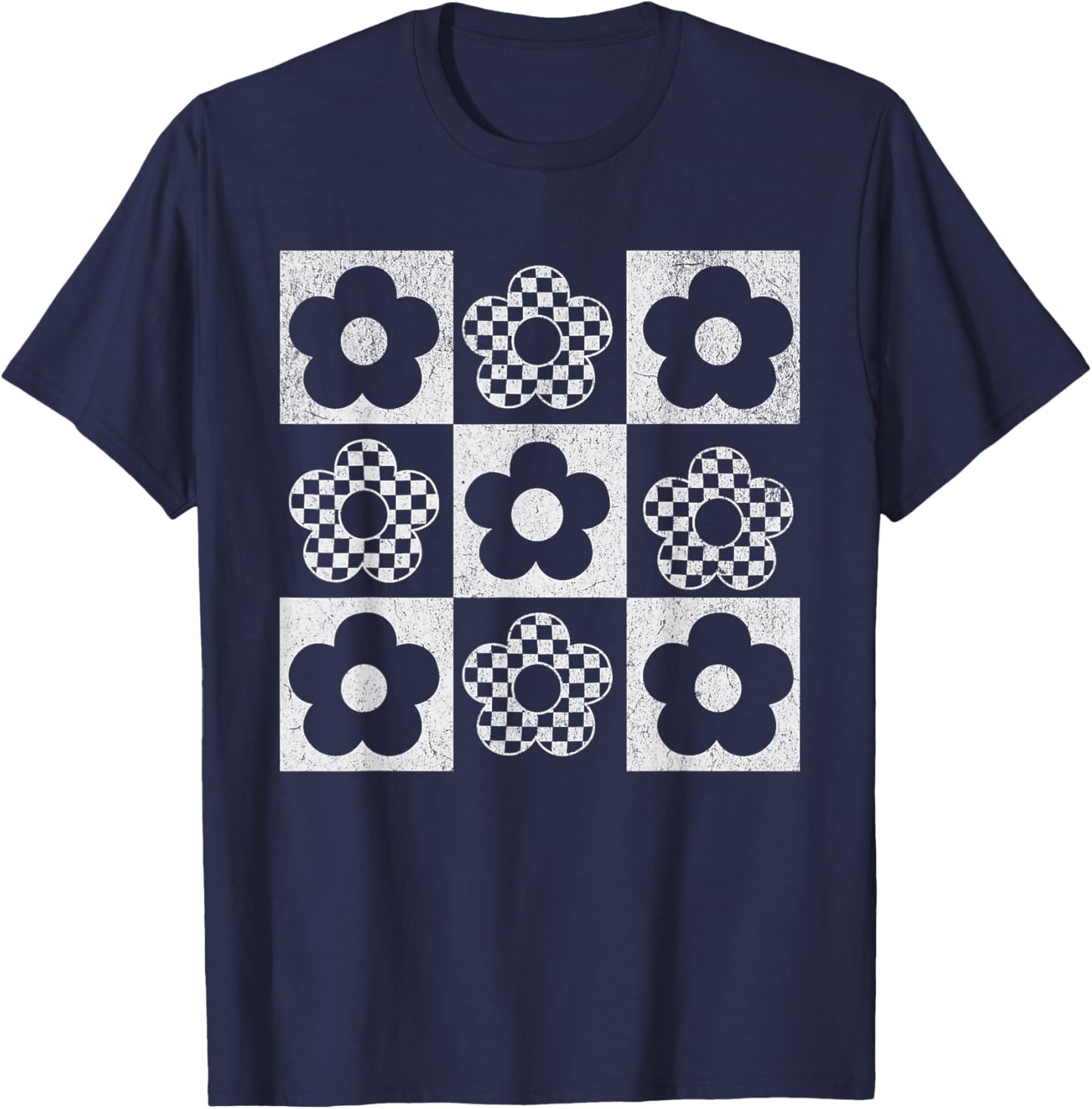 Retro Checkerboard Flower Pop Art T-Shirt - T-Shirt | Navy