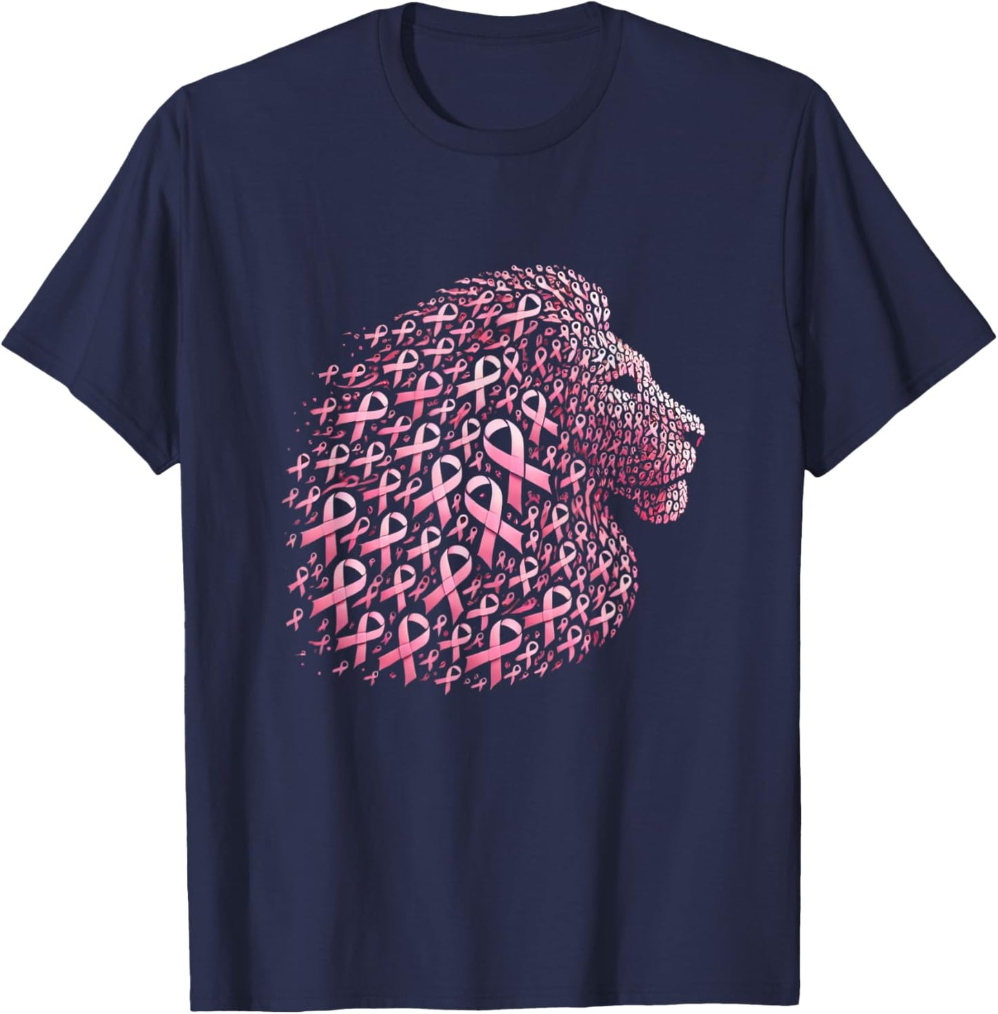 Cute Lion Pink Ribbon Breast Cancer Awareness October Month T-Shirt - T-Shirt | Navy