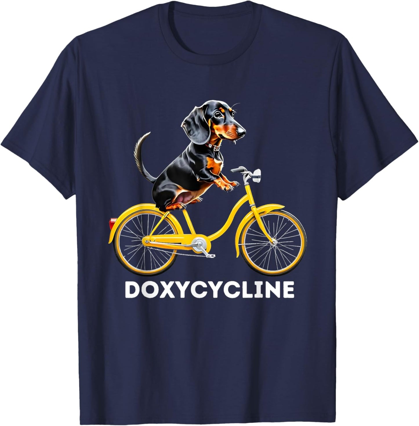 Dachshund on Bicycle Doxycycline Pharmacy Pun Dog Pharmacist T-Shirt - T-Shirt | Navy