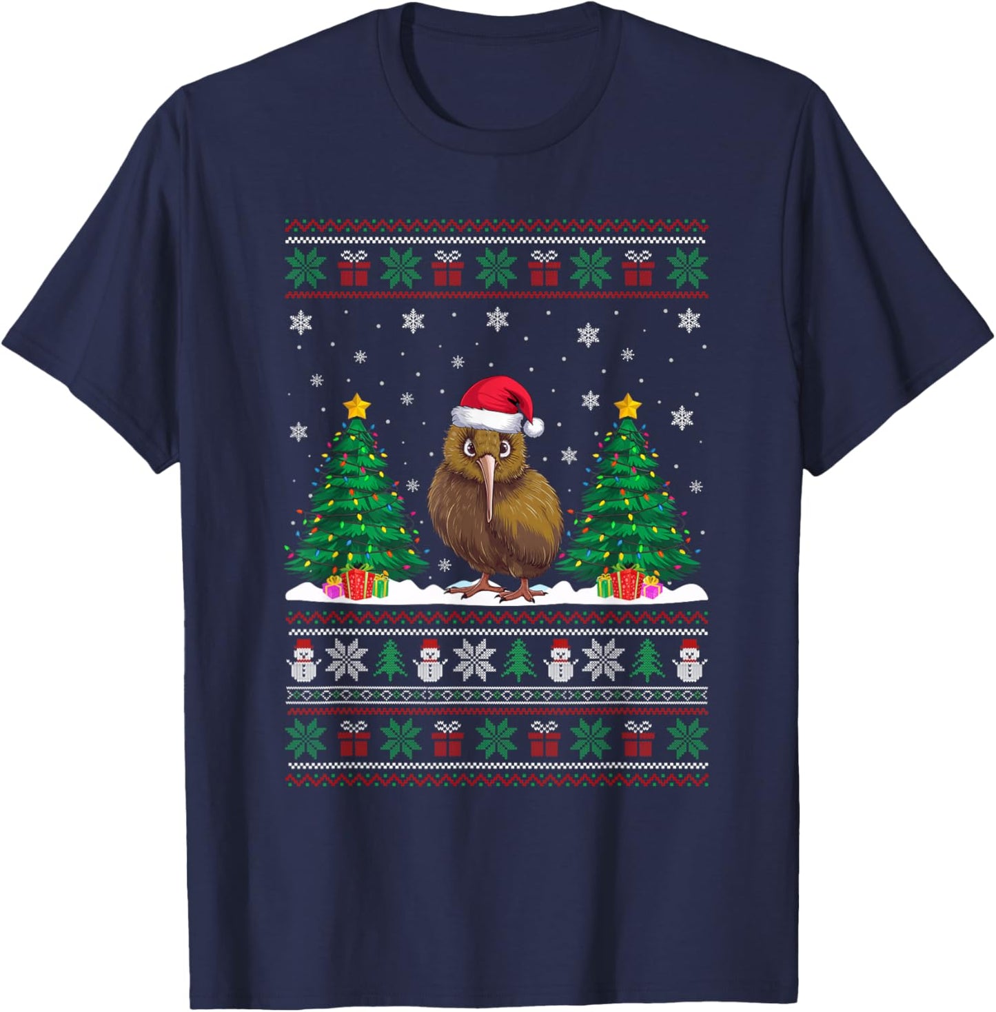 Santa Hat Kiwi Bird Christmas Tree Lights Ugly Sweater T-Shirt - T-Shirt | Navy