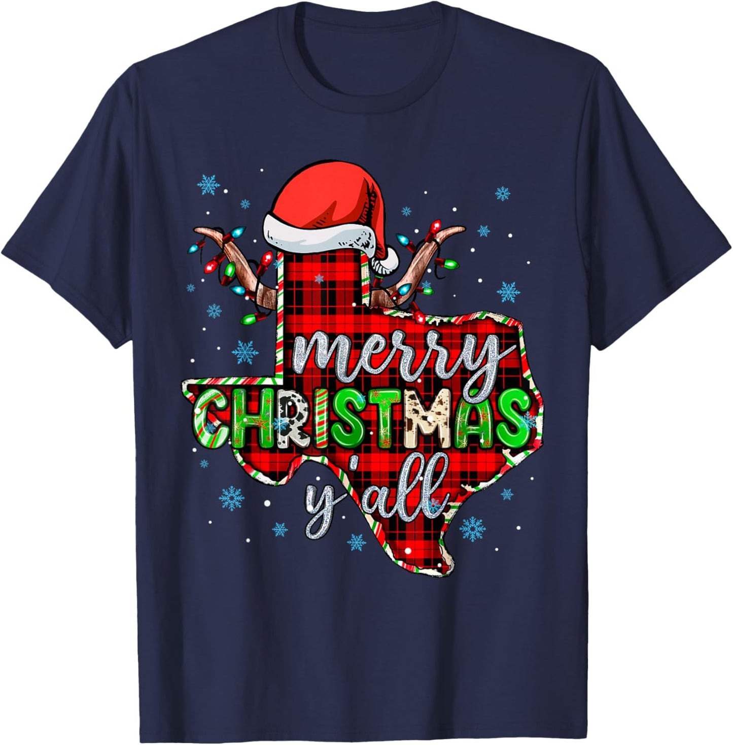 Funny Merry Christmas Y'all Texas State Red Plaid Santa Hat T-Shirt - T-Shirt | Navy