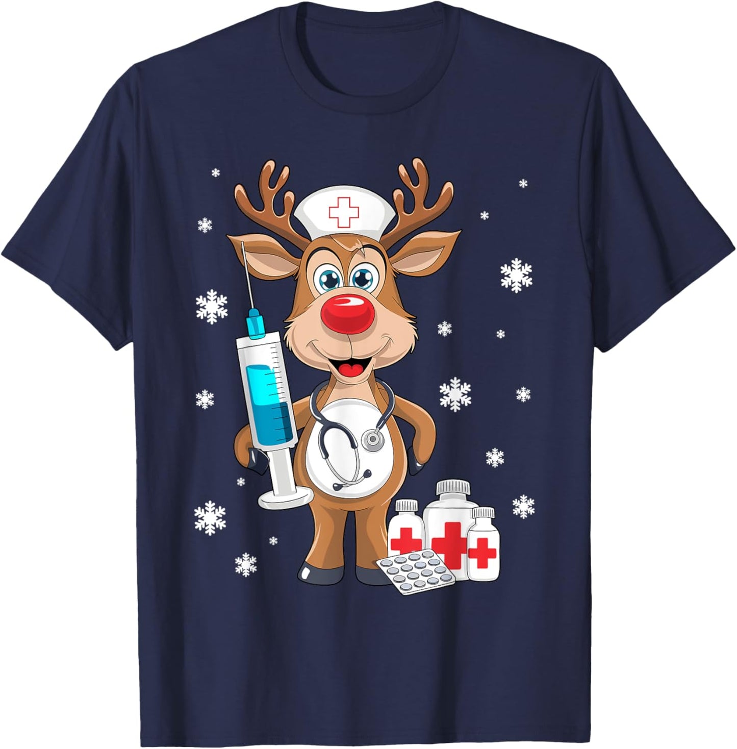 Christmas Nurse Reindeer Funny Xmas Nursing Scrub Women T-Shirt - T-Shirt | Navy
