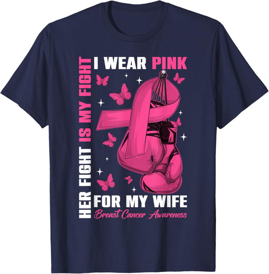 I Wear Pink For My Wife Breast Cancer Awareness Boxing Glove T-Shirt - T-Shirt | Navy
