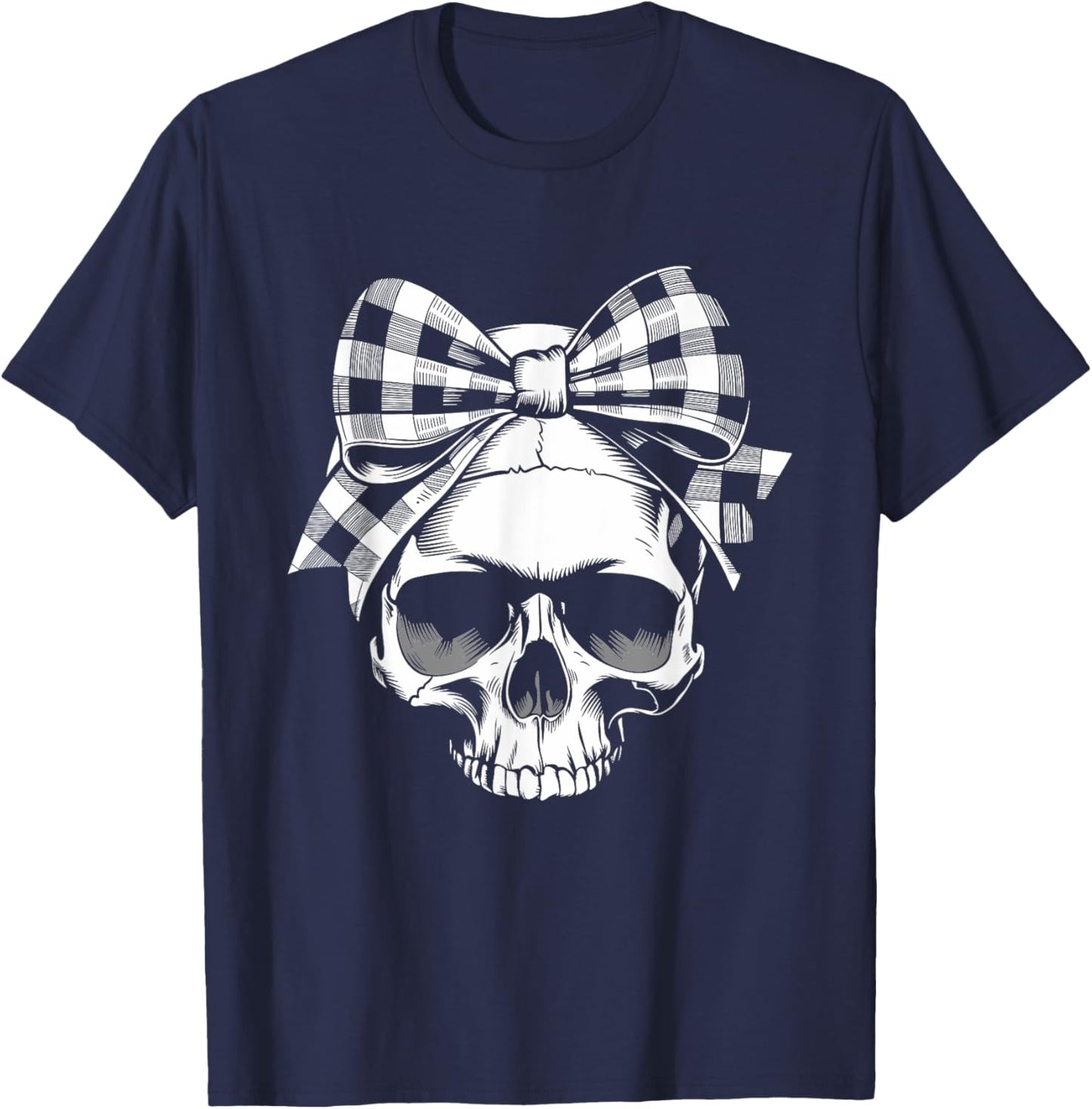 Skull Coquette Bow Halloween black and white bow T-Shirt - T-Shirt | Navy