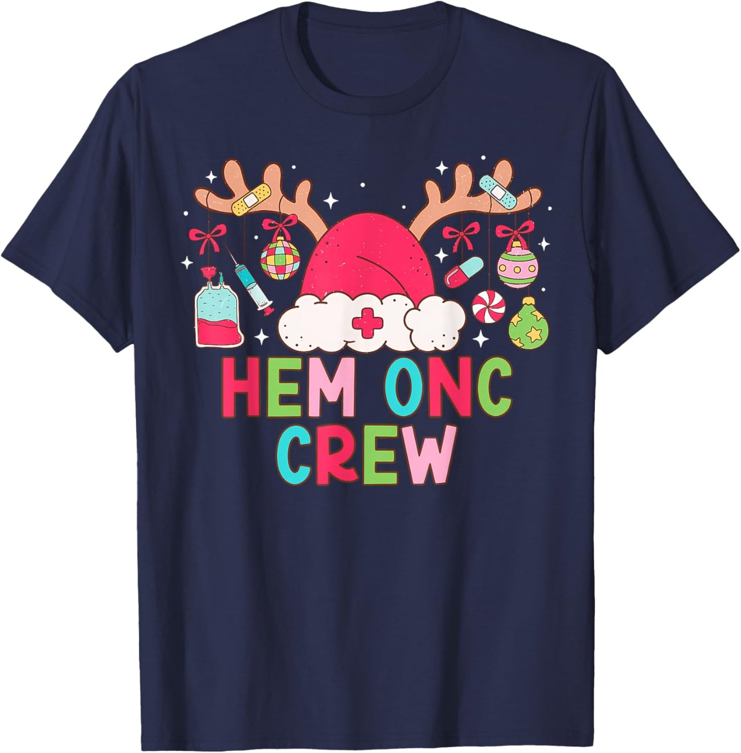 Christmas Reindeer Santa Hem Onc Crew Hematology Oncology T-Shirt - T-Shirt | Navy