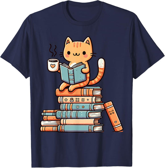 Kawaii Cat Coffee Books Teacher Men Women Girls Kids T-Shirt - T-Shirt | Navy