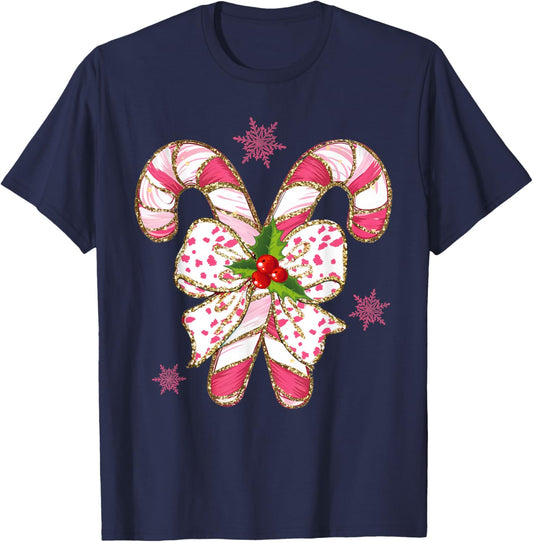 Christmas Candy Cane Coquette Bow Christmas Girls T-Shirt - T-Shirt | Navy