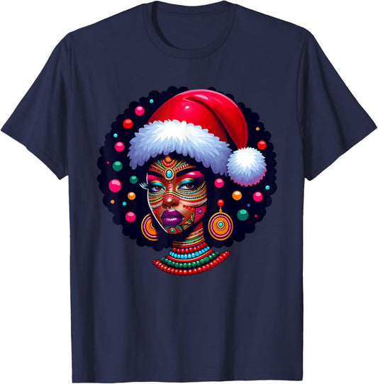 Cute Christmas Santa Pajama African American Afro Black Girl T-Shirt - T-Shirt | Navy