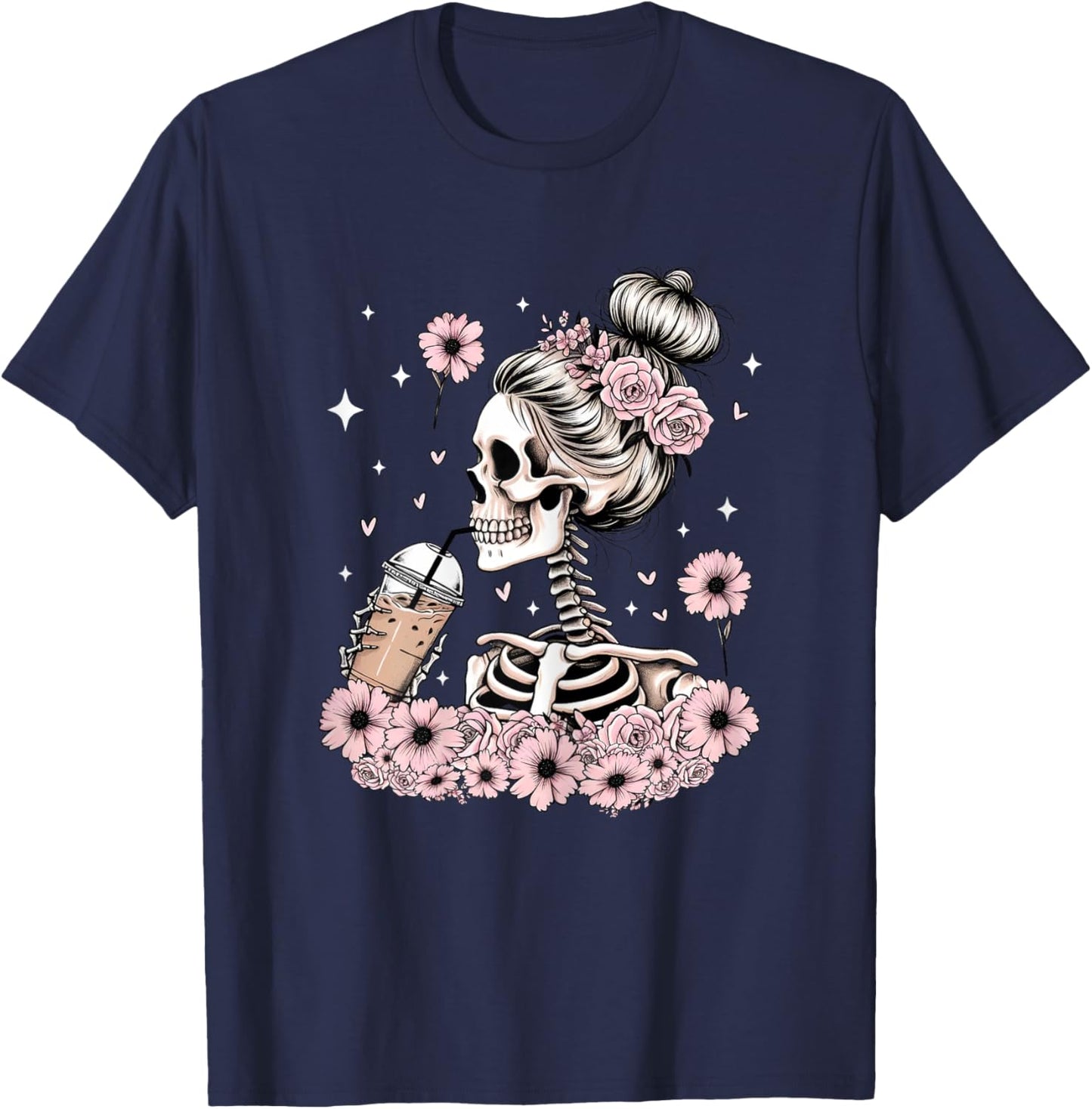 Halloween Skeleton Messy Bun Coffee Funny Costume Mom Women T-Shirt - T-Shirt | Navy