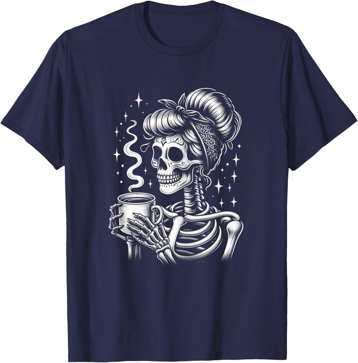 Halloween Skeleton Messy Bun Coffee Funny Costume Mom Women T-Shirt - T-Shirt | Navy