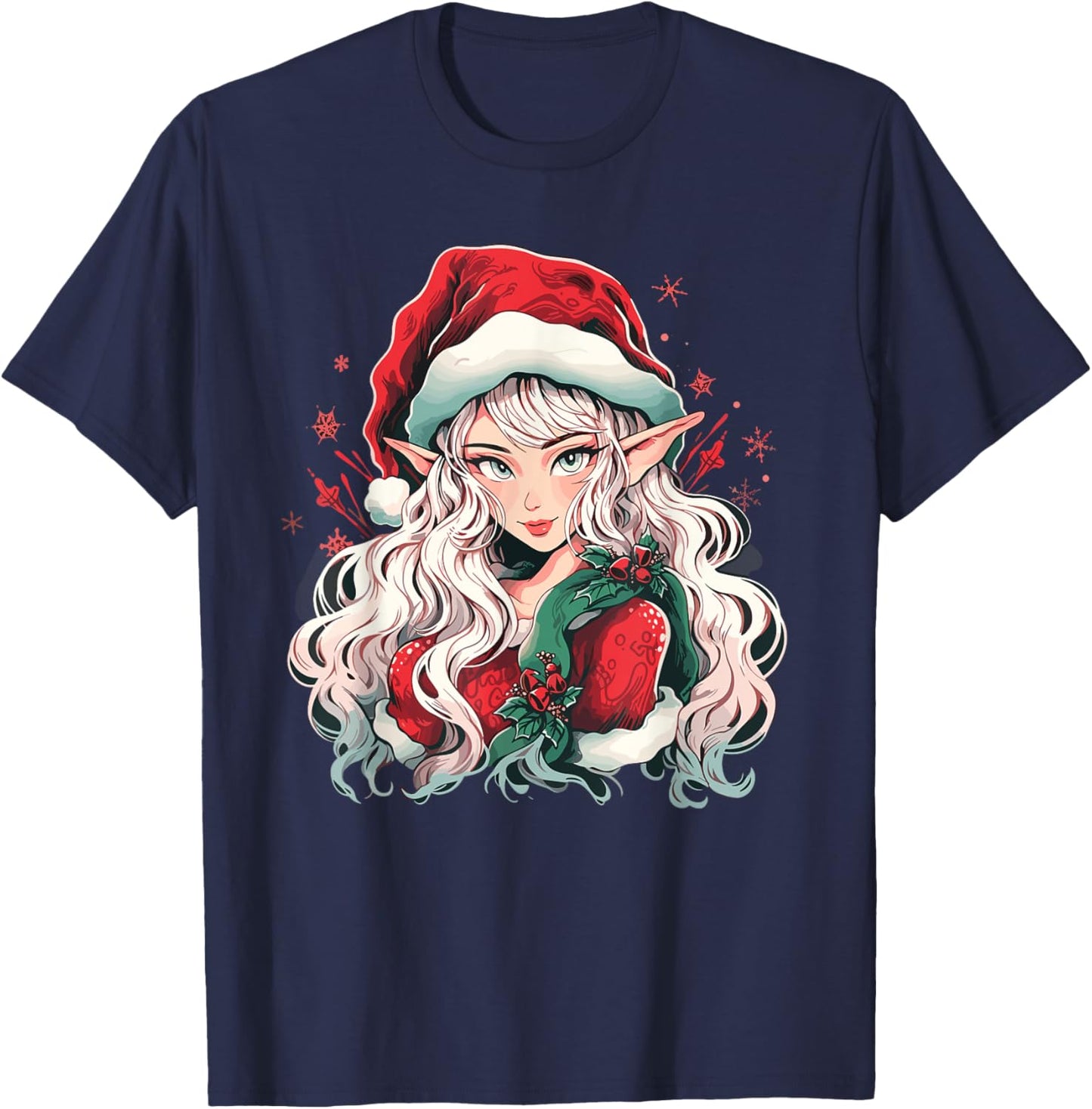 Christmas Elf Beautiful Anime Girl Cute Waifu Manga Graphic T-Shirt - T-Shirt | Navy