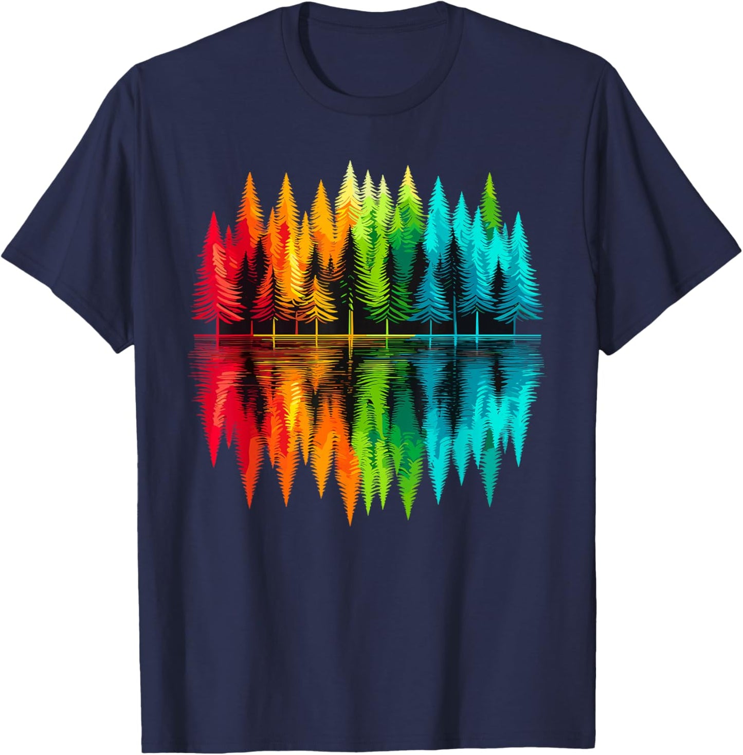 Colorful Trees Nature Landscape -Adults , Black, Small, Short Sleeve, Polyester 100%, Nature Themed, Outdoor Adventure T-Shirt - T-Shirt | Navy