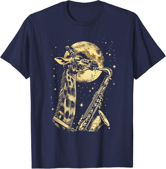 Giraffe Playing Saxophone Moonlight Moon Jazz T-Shirt - T-Shirt | Navy