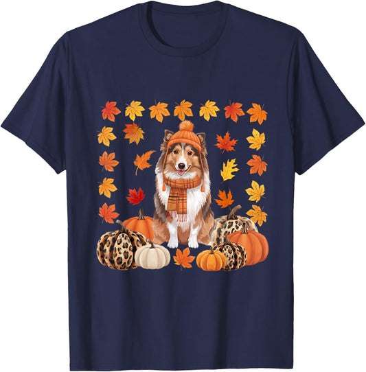 Sheltie Shetland Sheepdog Pumpkins Fall Leaves Halloween T-Shirt - T-Shirt | Navy