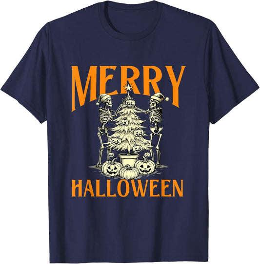 Merry Halloween - Spooky Witch Halloween Skeleton T-Shirt - T-Shirt | Navy