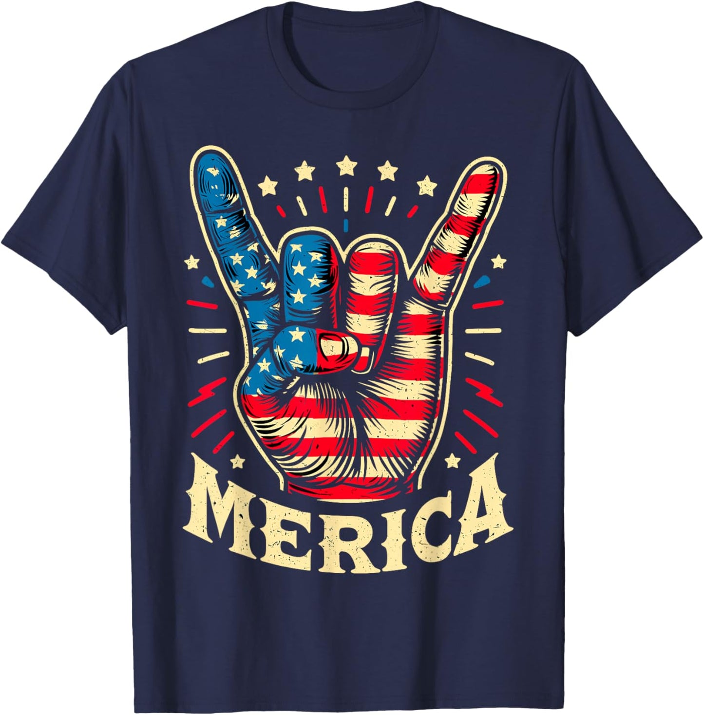 Merica 4th of July Rock and Roll USA Flag T-Shirt - T-Shirt | Navy