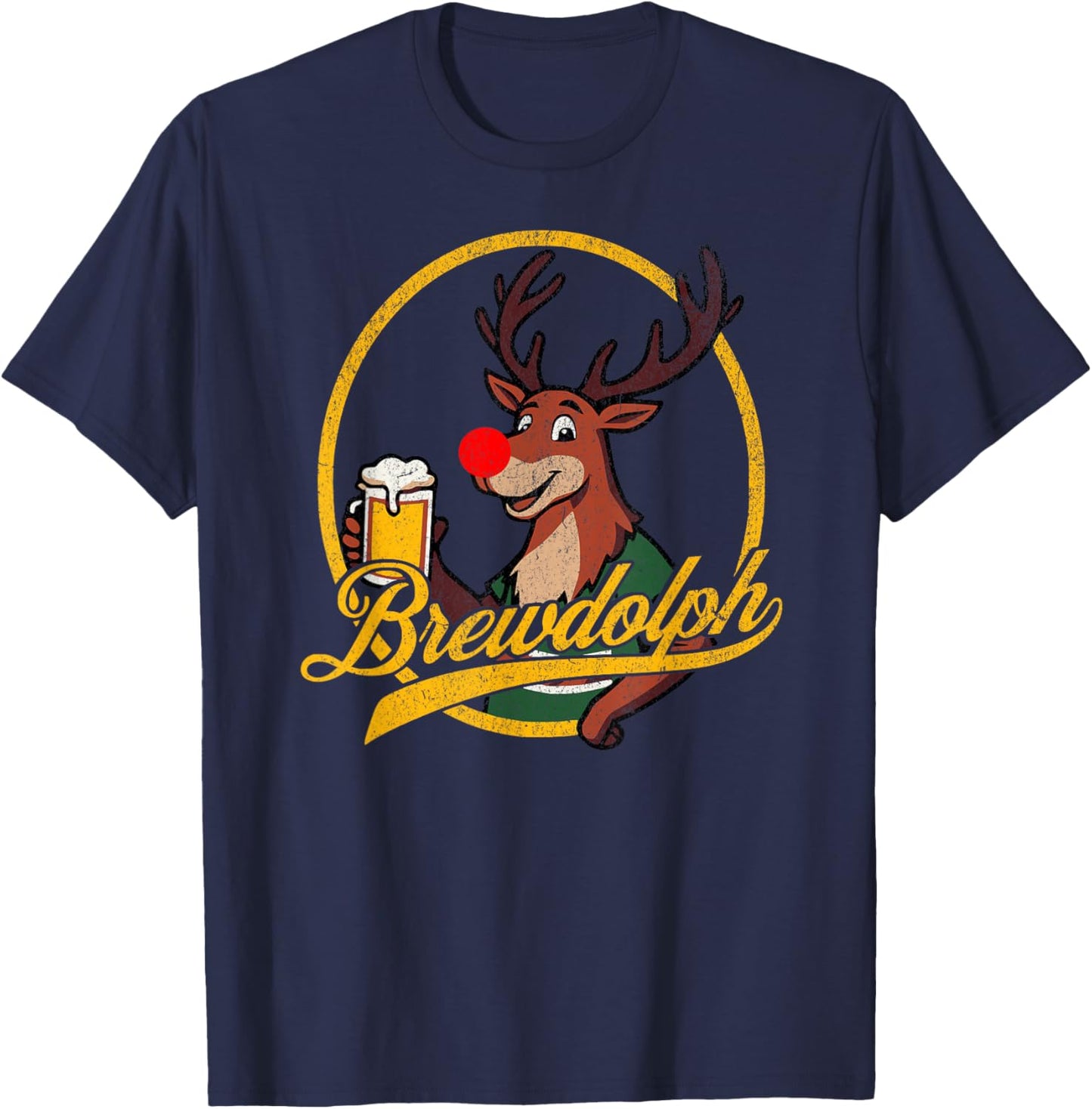 Funny BREWDOLPH Reindeer Christmas Beer Drinker Drinking T-Shirt - T-Shirt | Navy