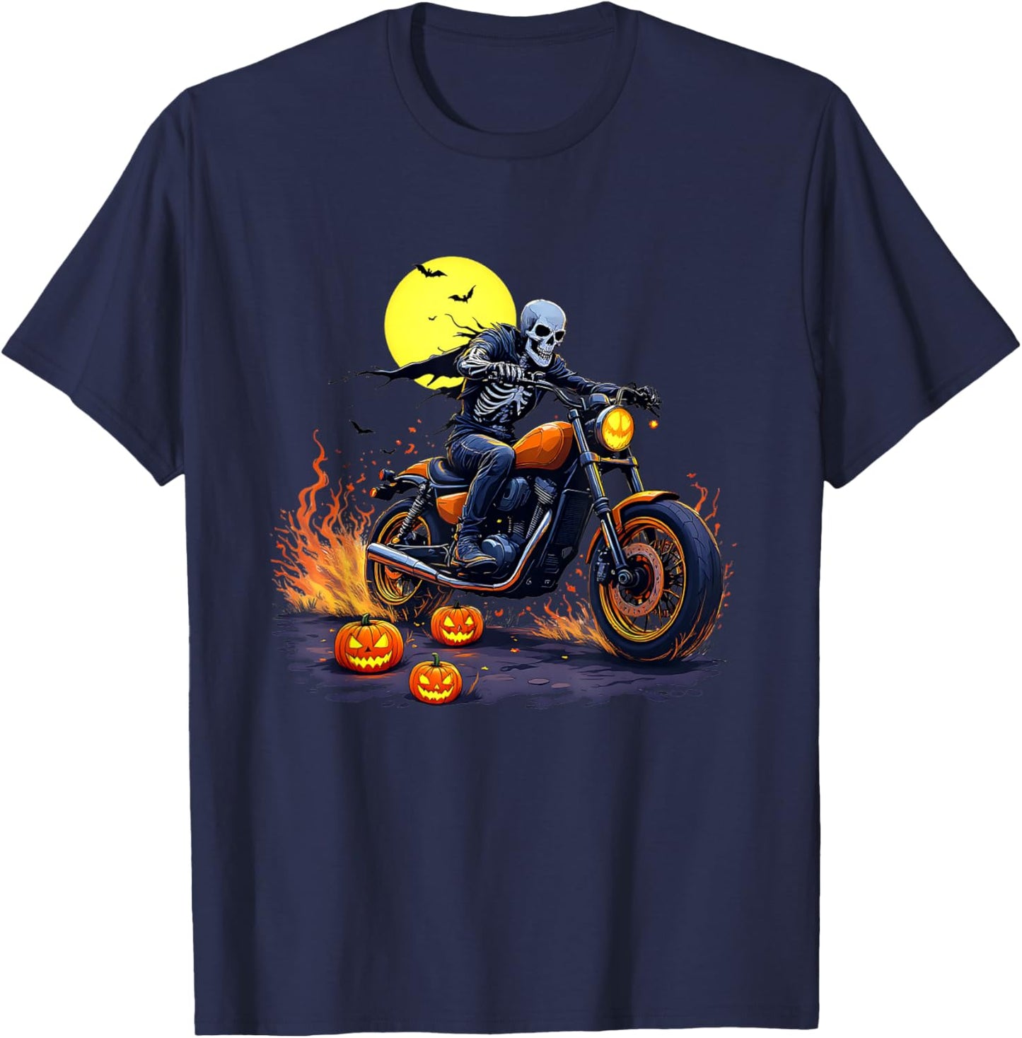 Halloween Skeleton Motorcycle Rider Skull Biker T-Shirt - T-Shirt | Navy