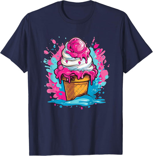 Colorful Ice Cream Cone Splash Art T-Shirt - T-Shirt | Navy
