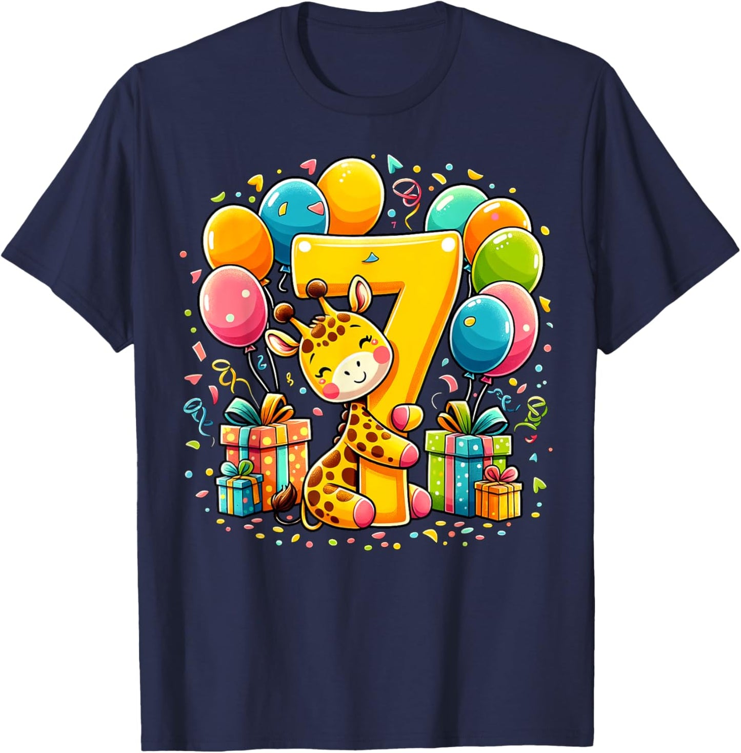 Giraffe 7th birthday boy girl 7 years seventh seven Giraffe T-Shirt - T-Shirt | Navy
