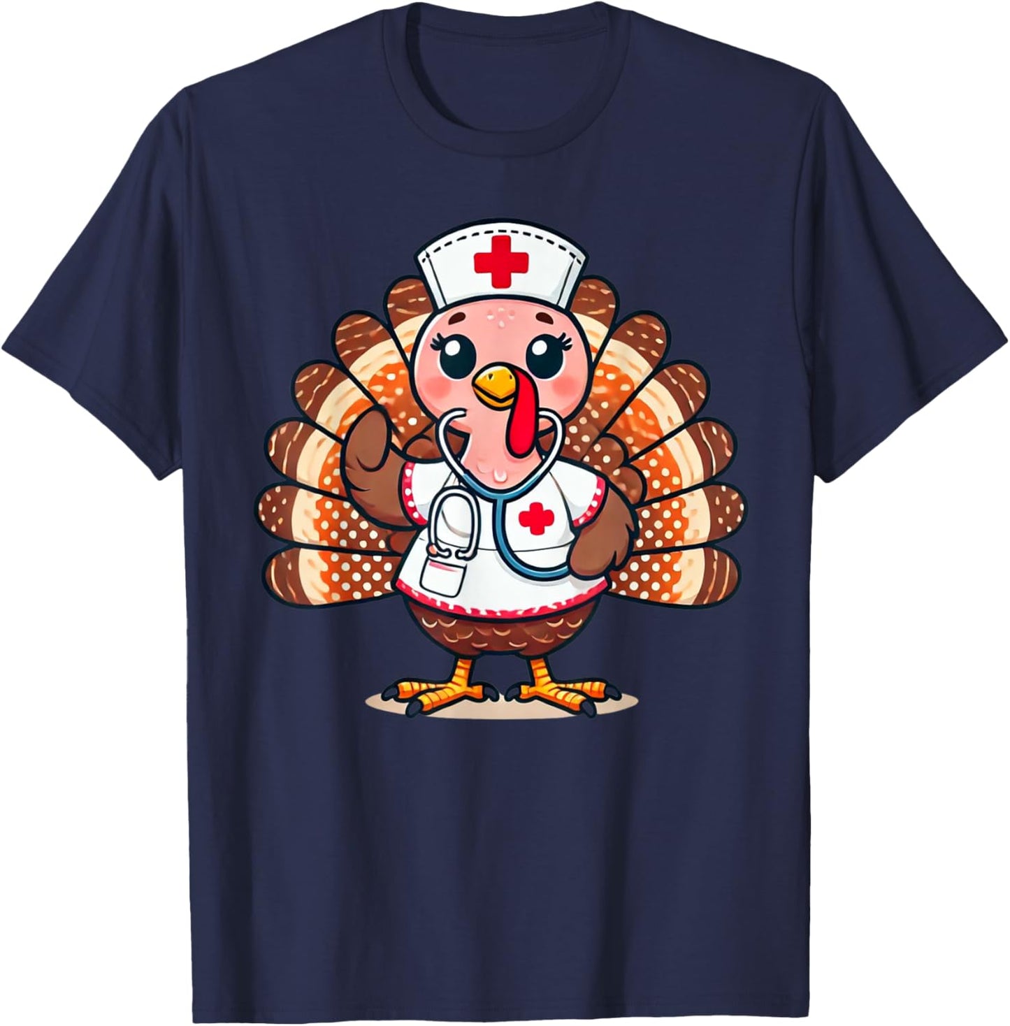 Turkey Nurse Stethoscope Thanksgiving Fall Scrub Top Women T-Shirt - T-Shirt | Navy