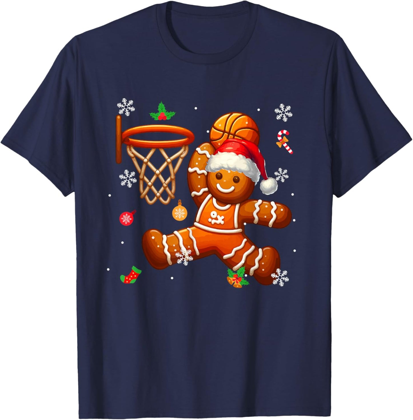 Gingerbread Playing Basketball Christmas Player Kids Family T-Shirt - T-Shirt | Navy