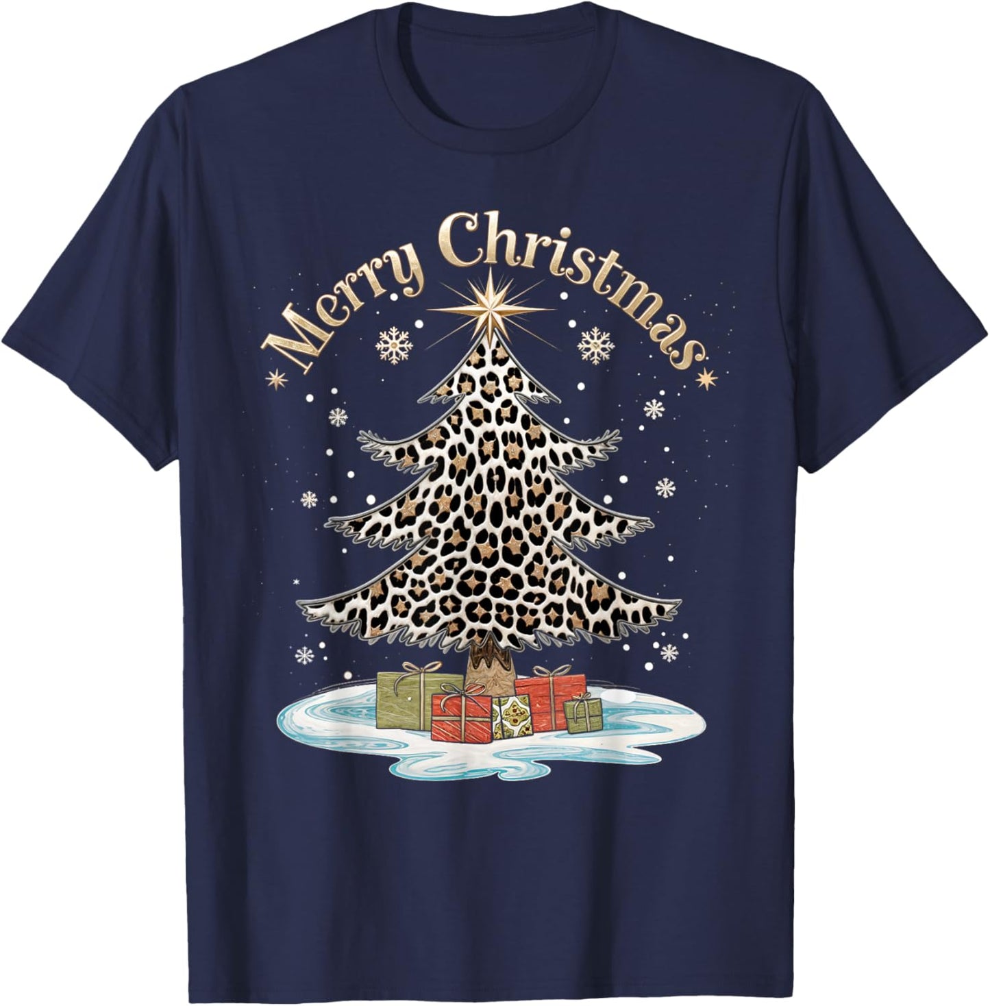 Merry Christmas Leopard Plaid Tree Snowflake Xmas T-Shirt - T-Shirt | Navy