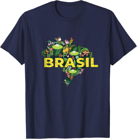 Brazil Botanical Map - Brazilian Carnival Brasil Souvenir T-Shirt - T-Shirt | Navy