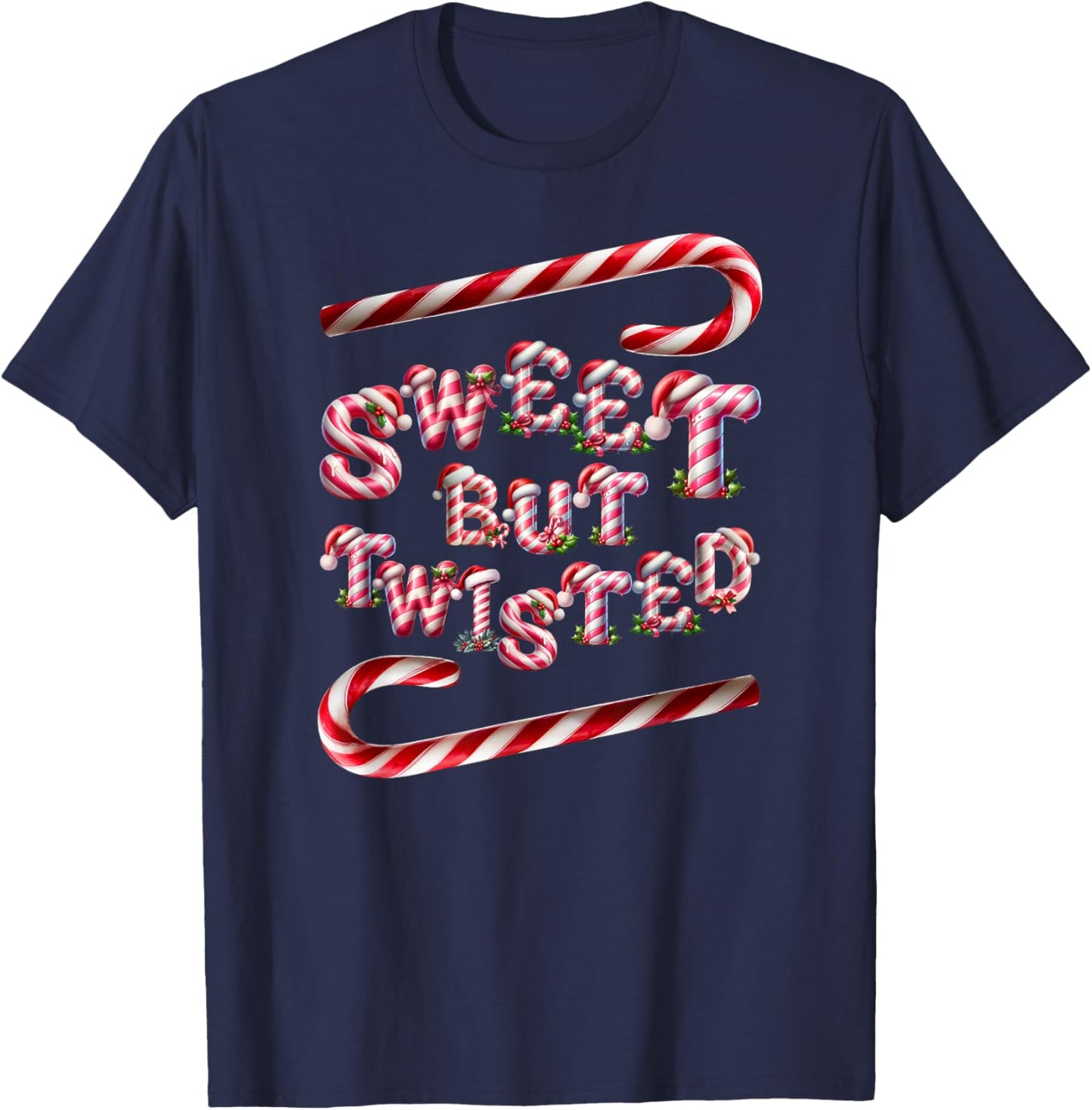 Sweet But Twisted. Two Candy Cane Sticks. Funny Xmas T-Shirt - T-Shirt | Navy