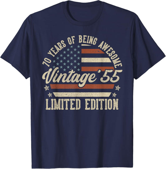Vintage 1955 70th Birthday Gift 70 Years Old American Flag T-Shirt - T-Shirt | Navy