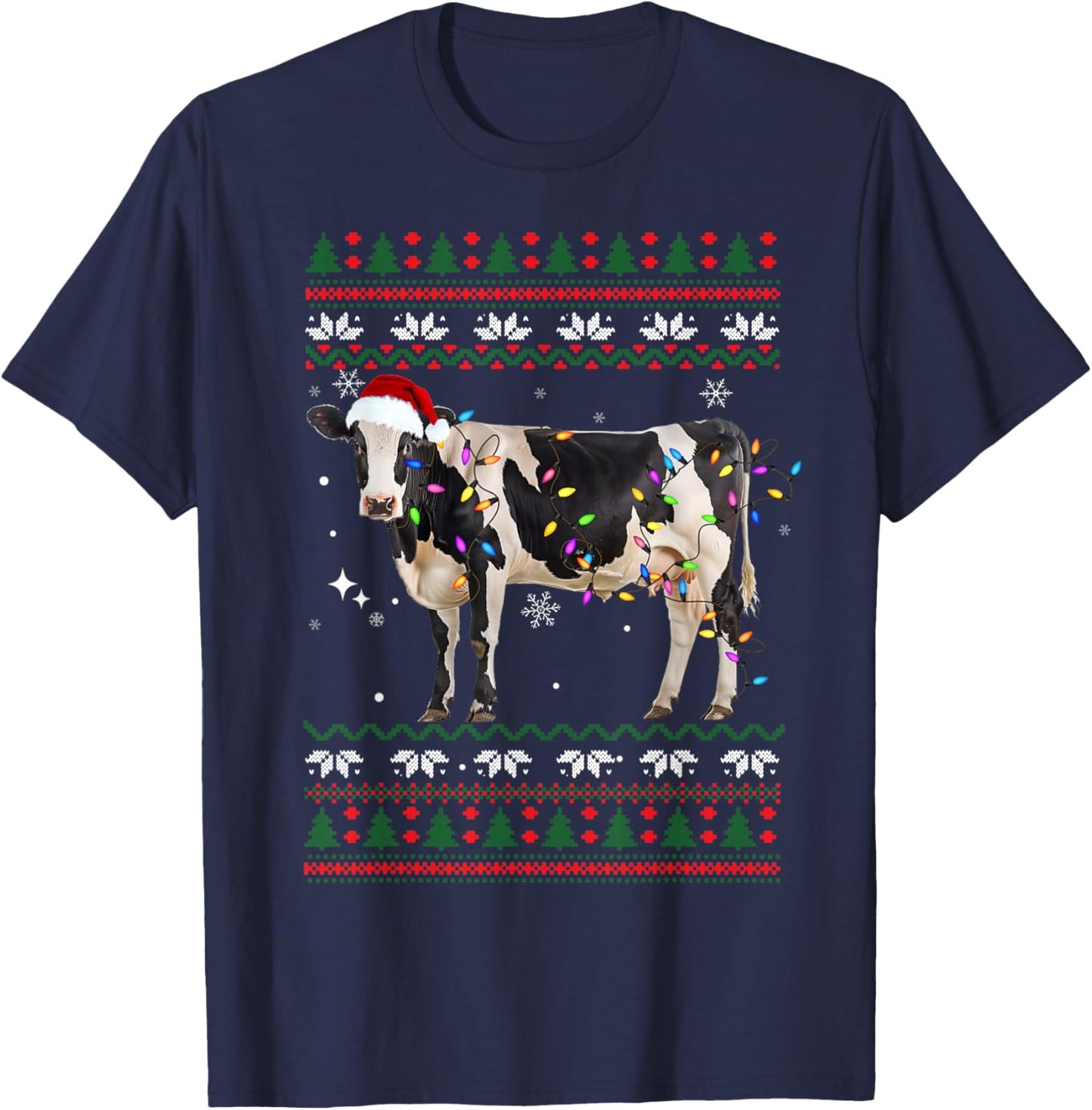 Funny Ugly Xmas Sweater Dairy Cow Farmer Lights Christmas T-Shirt - T-Shirt | Navy