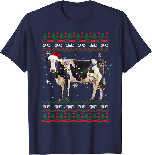 Funny Ugly Xmas Sweater Dairy Cow Farmer Lights Christmas T-Shirt - T-Shirt | Navy