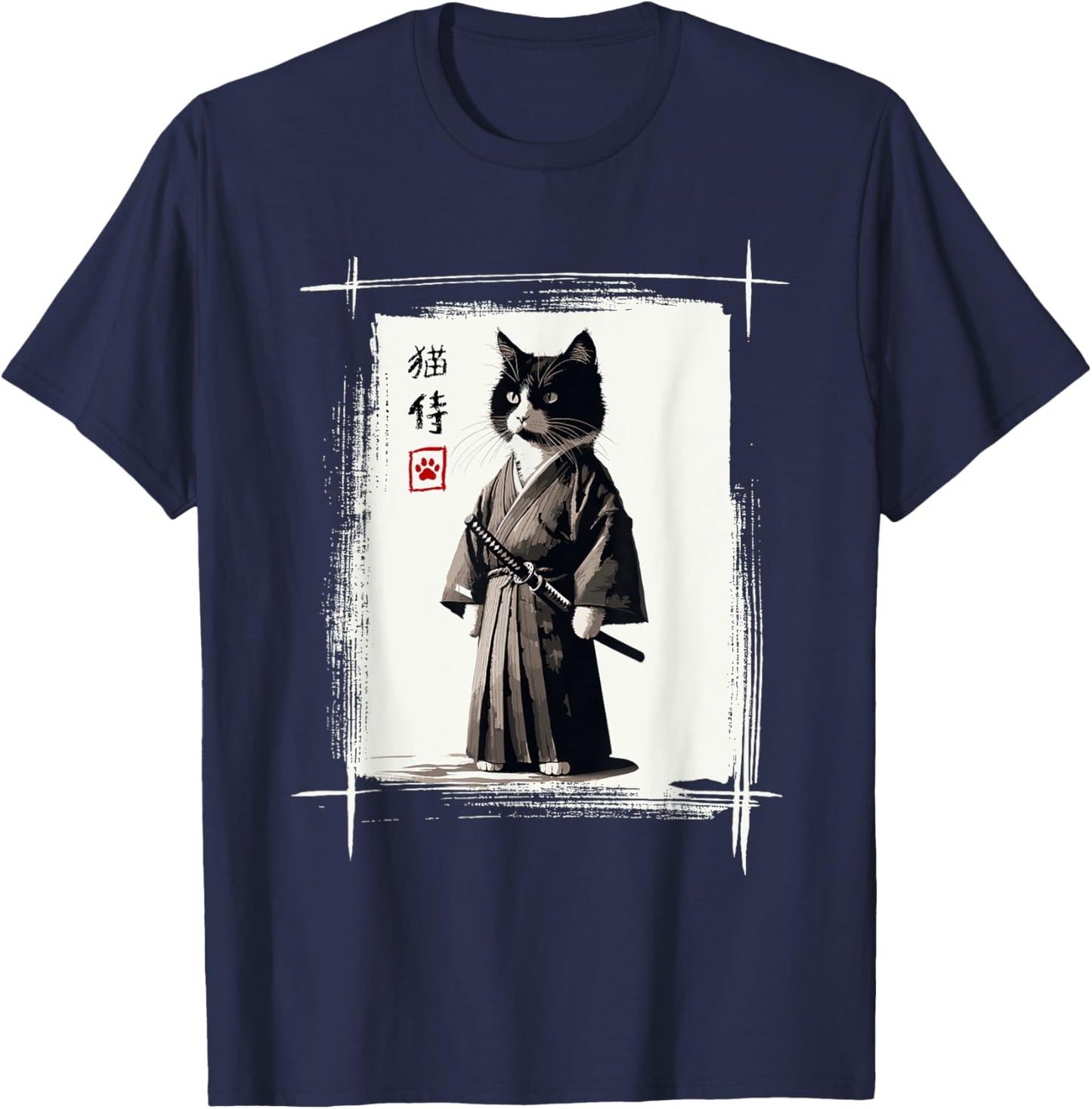 Samurai Cat Japanese Art Sumi-e Novelty Kawaii Funny Cat T-Shirt - T-Shirt | Navy