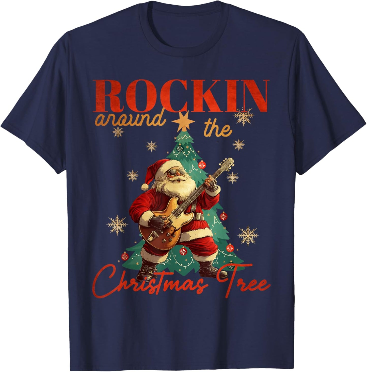 Rocking Around The Christmas Tree Santa Rock and Roll Guitar T-Shirt - T-Shirt | Navy