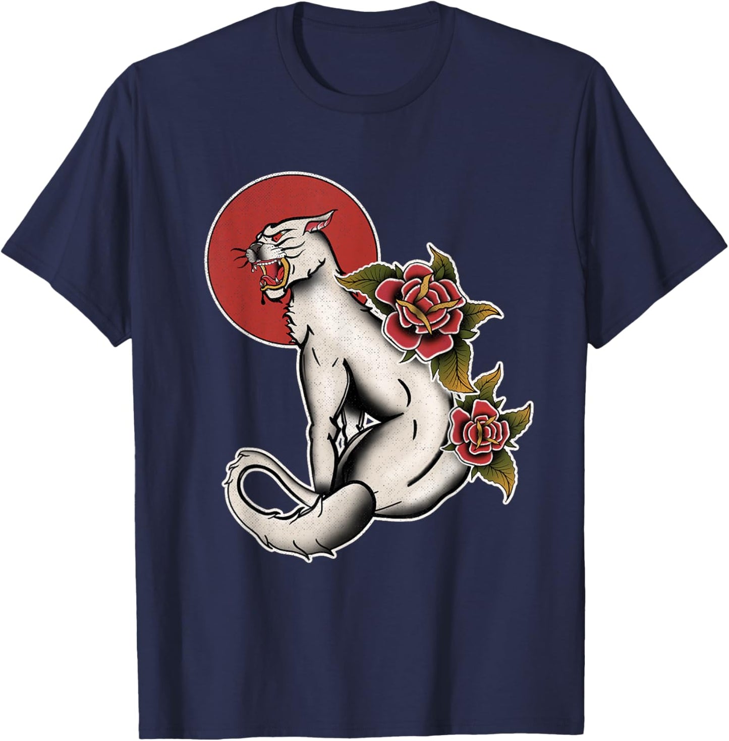 Vintage American Traditional Albino Panther Tattoo Rose T-Shirt - T-Shirt | Navy