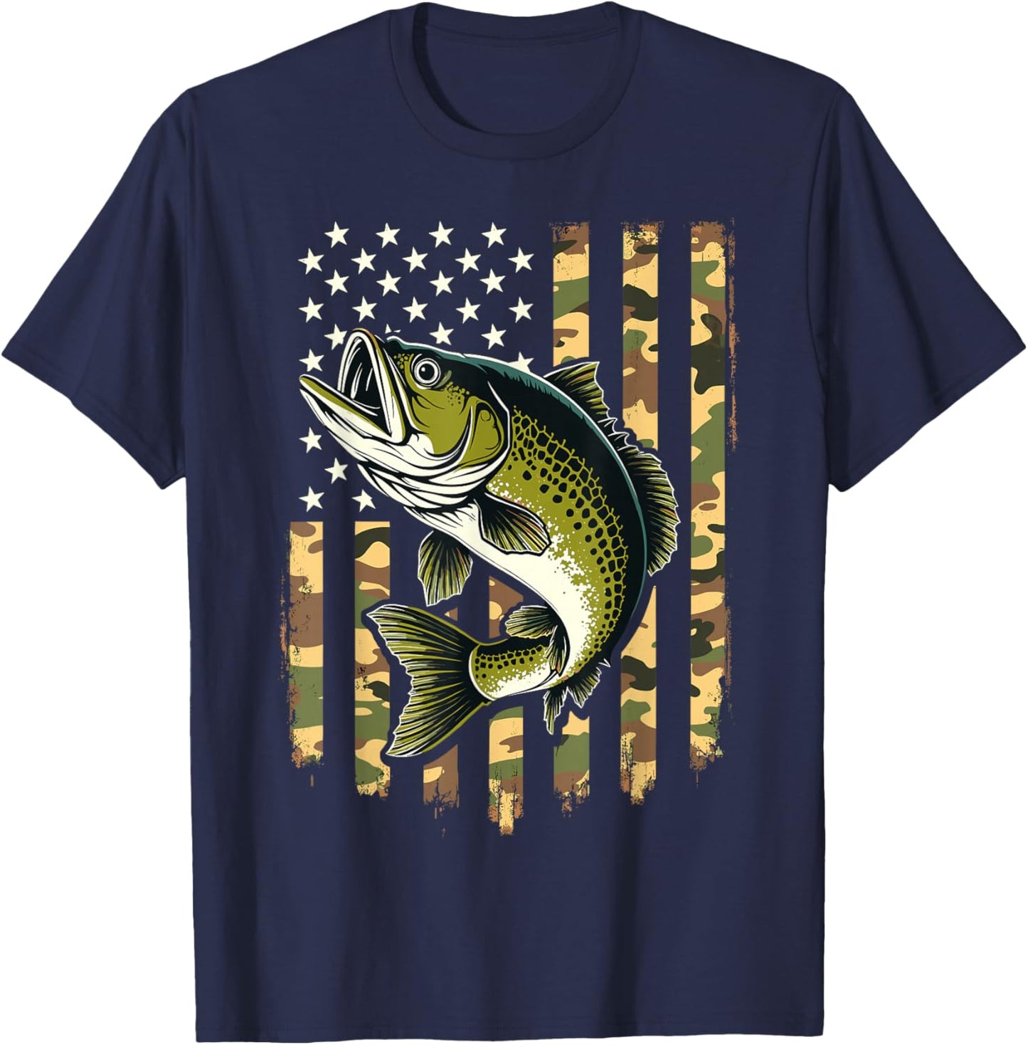 Fishing Camouflage USA American Flag Fisherman T-Shirt - T-Shirt | Navy