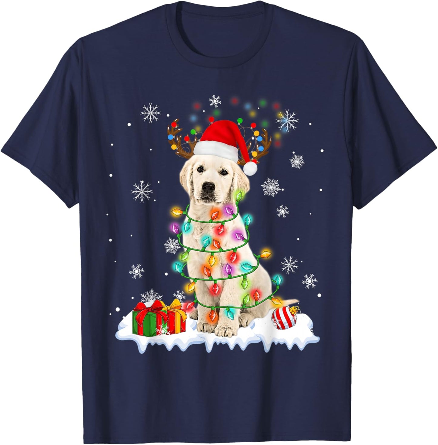 Funny Santa Labrador Retriever Christmas Light Dog Xmas 2025 T-Shirt - T-Shirt | Navy