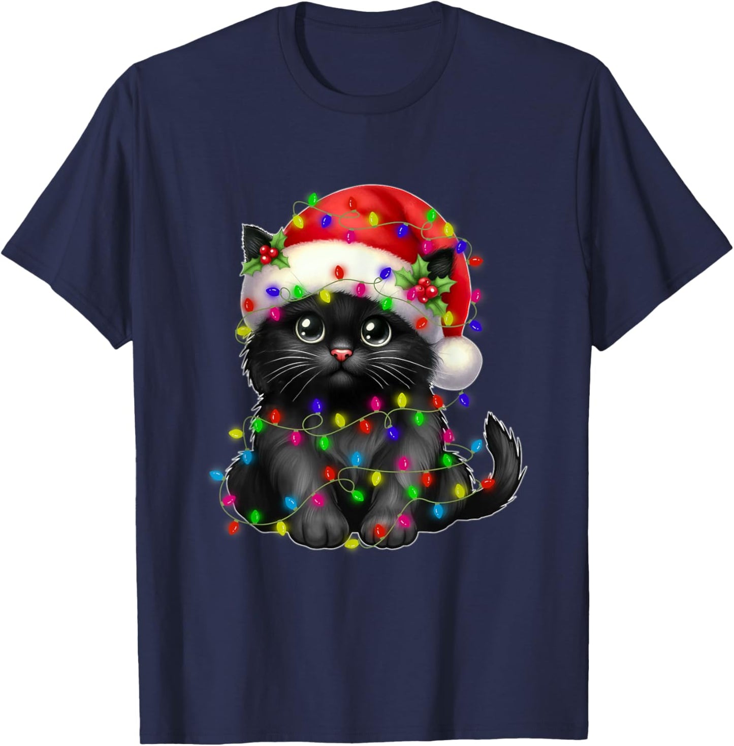 Black Cat Christmas Light Santa Hat Xmas Christmas Cat Lover Men Women Kids T-Shirt - T-Shirt | Navy