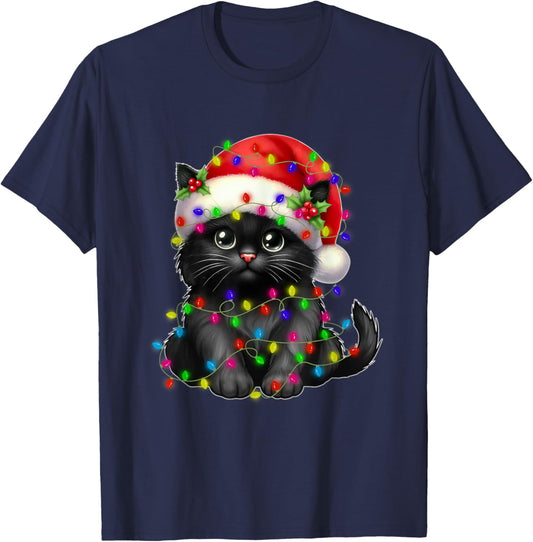 Black Cat Christmas Light Santa Hat Xmas Christmas Cat Lover Men Women Kids T-Shirt - T-Shirt | Navy